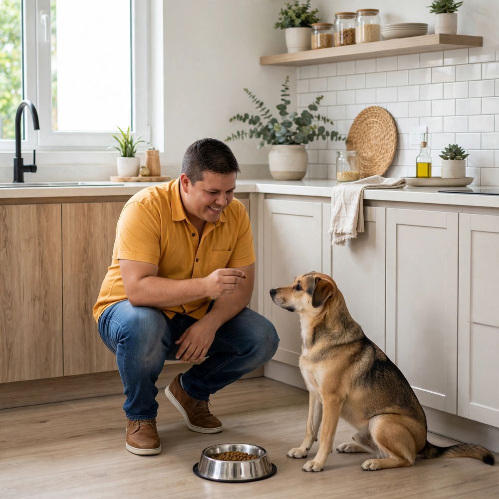 Stiven López supervisando la alimentación con dieta BARF de un perro en Cali