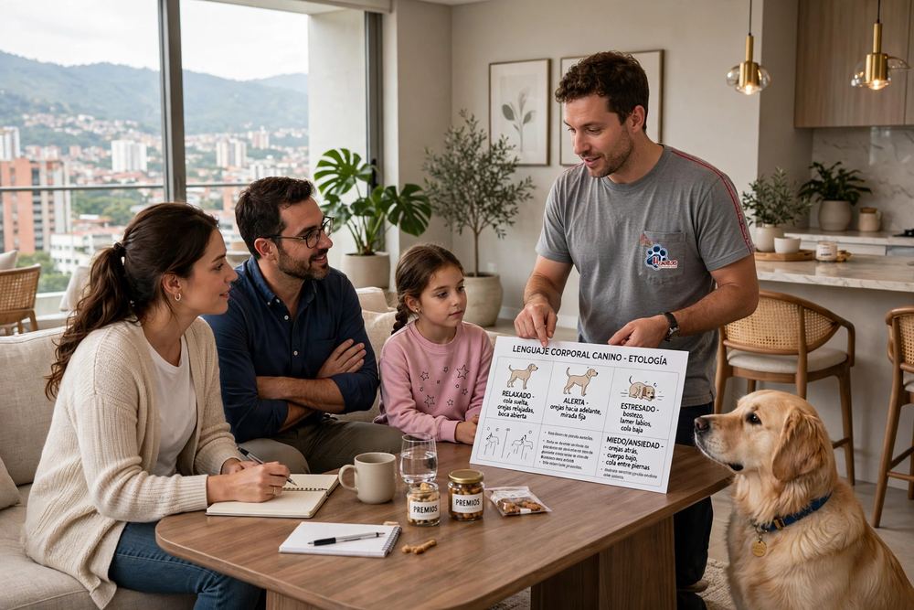 Etólogo canino explicando a una familia en Cali el lenguaje corporal de su perro