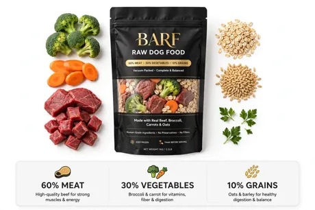 Bolsa de dieta BARF empacada al vacío: 60% carne de res, 30% vegetales y 10% cereales