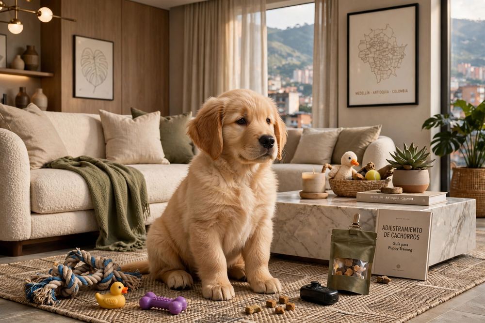 Cachorro golden retriever en sesión de aprendizaje temprano con refuerzo positivo