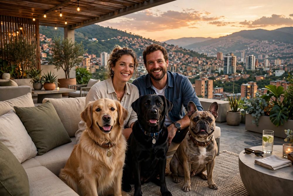 Familia con varios perros en la terraza, manejo de raciones y rutina de alimentación