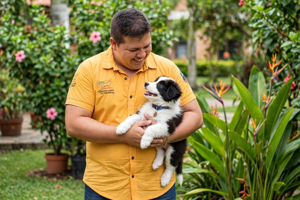 Stiven López con un cachorro border collie en la socialización temprana del programa Cachorro Sano en Cali
