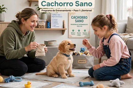 Cachorro golden retriever entrenando con premios junto a una niña en el programa Cachorro Sano