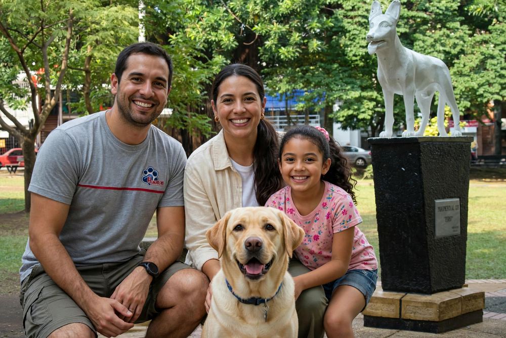 Familia con su golden retriever tras aprobar la certificación Buen Ciudadano Canino CGC en Cali