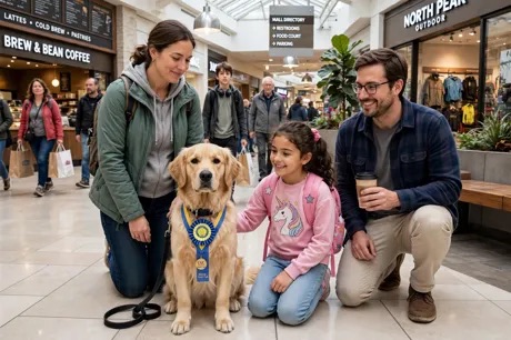 Golden retriever con medalla Buen Ciudadano Canino CGC junto a su familia en un centro comercial