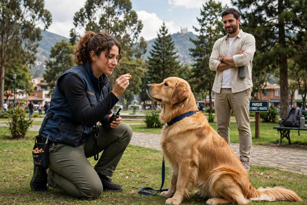 Práctica de obediencia canina con refuerzo positivo en el Parque El Virrey, Bogotá