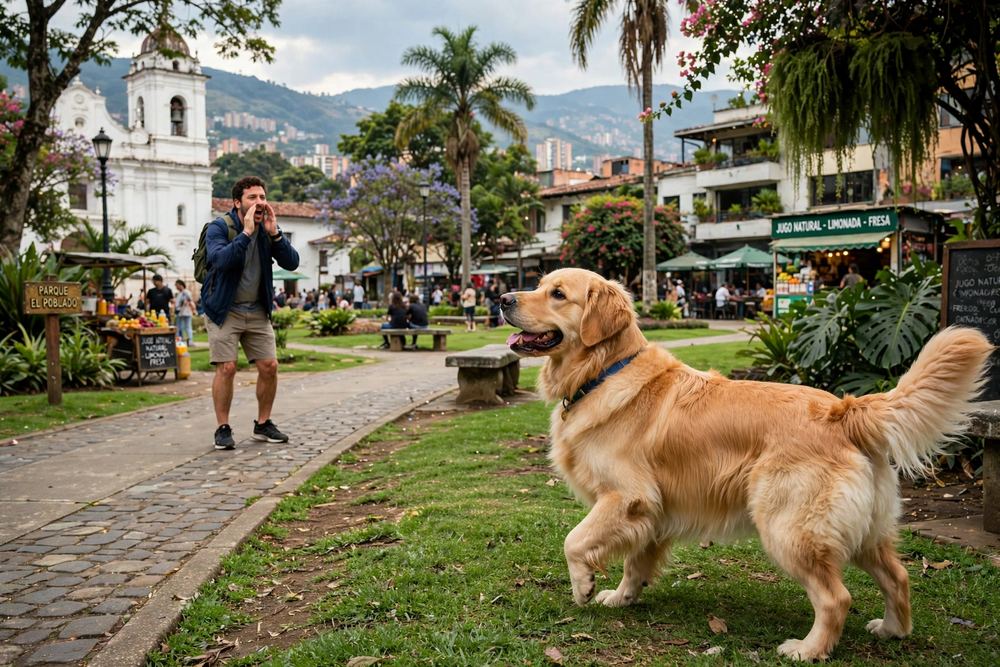 Golden retriever acudiendo al llamado en un parque de El Poblado, Medellín