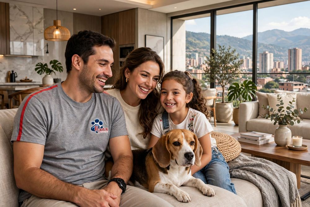 Familia de El Poblado con sus perros educados tras el programa de adiestramiento canino en Medellín