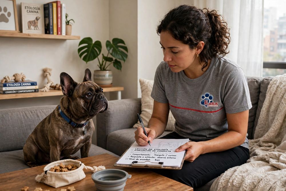 Etólogo canino evaluando el comportamiento de un perro reactivo tras el uso de collar de ahogo