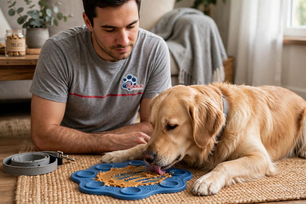 Golden retriever con alfombra olfativa como enriquecimiento ambiental contra la conducta compulsiva
