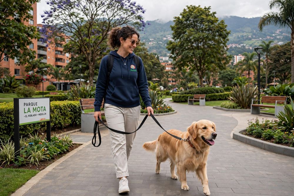 Labrador paseando sin tirar con correa larga y pechera, técnica para perros reactivos