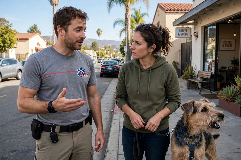 Etólogo canino trabajando la distancia umbral con un perro reactivo en la calle