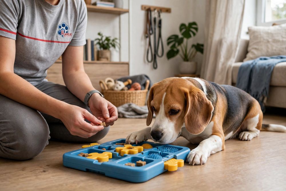 Beagle trabajando con juguete de enriquecimiento ambiental durante 15 minutos