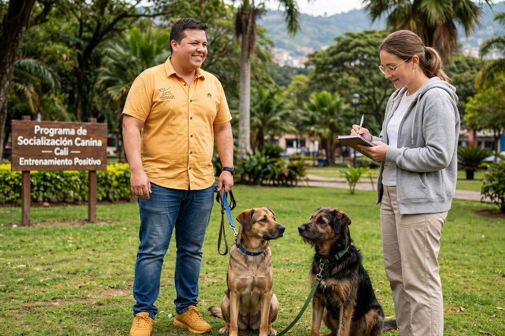 Stiven López y el equipo de Huellas en una sesión de socialización canina con entrenamiento positivo en Cali