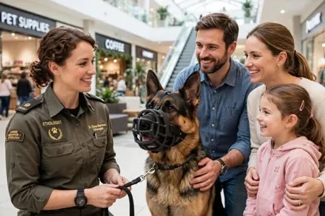 Etóloga uniformada con pastor alemán con bozal Baskerville y una familia en un centro comercial