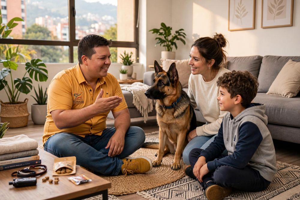 Familia entrenando a su perro en casa con refuerzo positivo junto a Stiven López en Cali