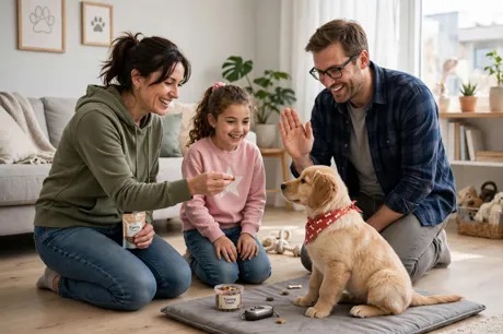 Familia entrenando a su perro adulto con refuerzo positivo en la sala de su casa