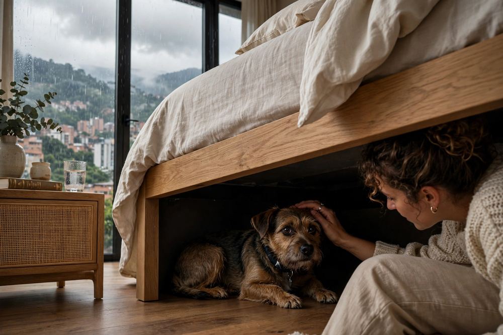 Perro escondido bajo un mueble por fobia a los truenos y la pólvora, acompañado por su dueña