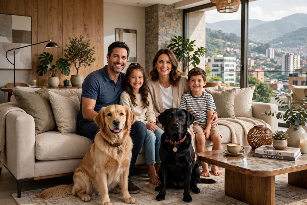 Familia con sus dos perros educados en la sala, resultado del programa de internado de Huellas