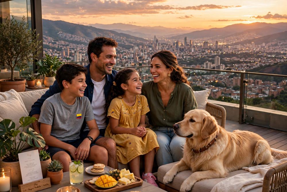 Familia reunida en la terraza al atardecer con su perro tras completar el internado de élite