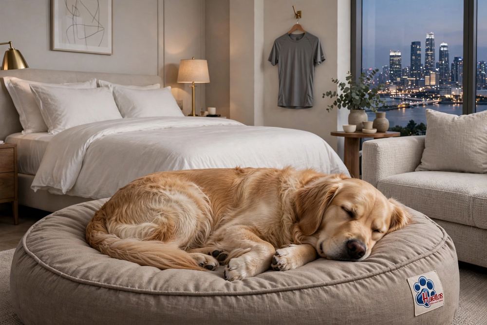 Perro descansando tranquilo y suelto en su zona segura, alternativa a la jaula cerrada