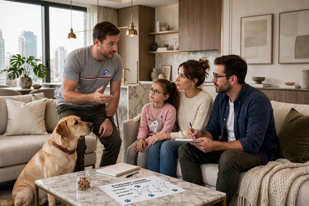 Etólogo de Huellas explicando a una familia el protocolo de modificación de conducta canina