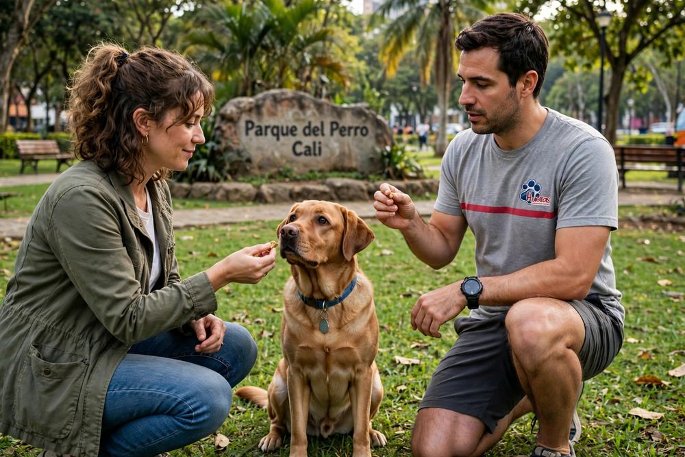 Pareja practicando obediencia canina con su labrador en el Parque del Perro de Cali