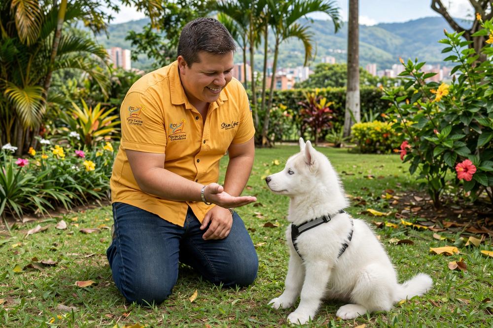 Husky blanco en entrenamiento positivo en un parque de Cali, socialización controlada