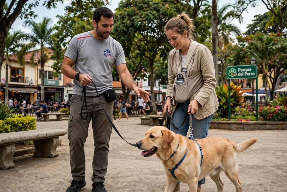 Práctica de paseo sin tirar de la correa con un labrador en Ciudad Jardín, Cali