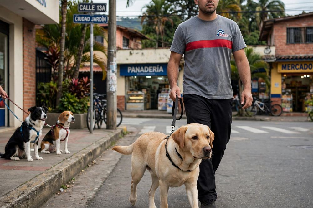 Paseo de descompresión con dos perros olfateando tranquilos en Ciudad Jardín, Cali