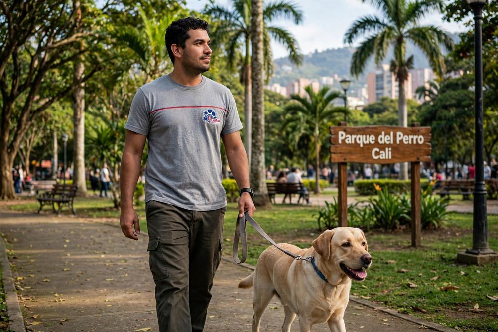 Paseo de descompresión con perros en el Parque del Perro de Cali, servicio de paseos de Huellas