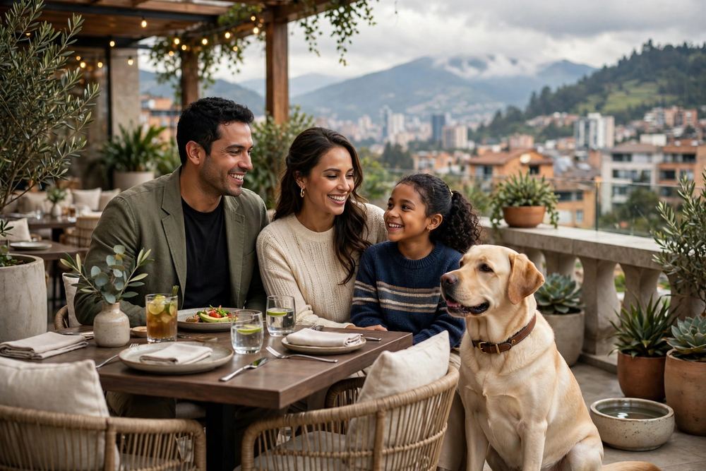 Perro certificado Buen Ciudadano Canino CGC echado junto a su familia en un restaurante pet friendly