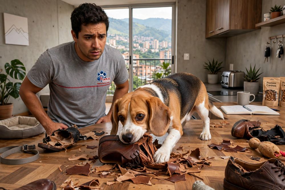 Puerta y objetos destruidos por un perro con ansiedad por separación severa en un apartamento