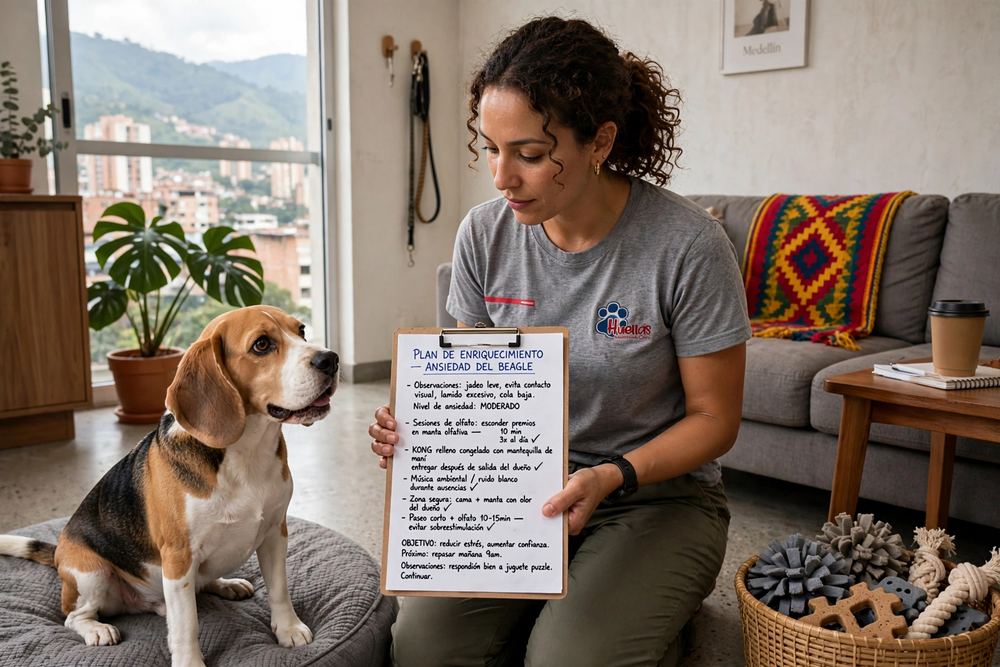 Etóloga evaluando a un perro con lamido compulsivo y planificando enriquecimiento ambiental