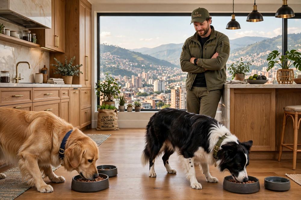 Dos perros comiendo en la cocina, situación típica de protección de recursos tratada por etólogo en Cali