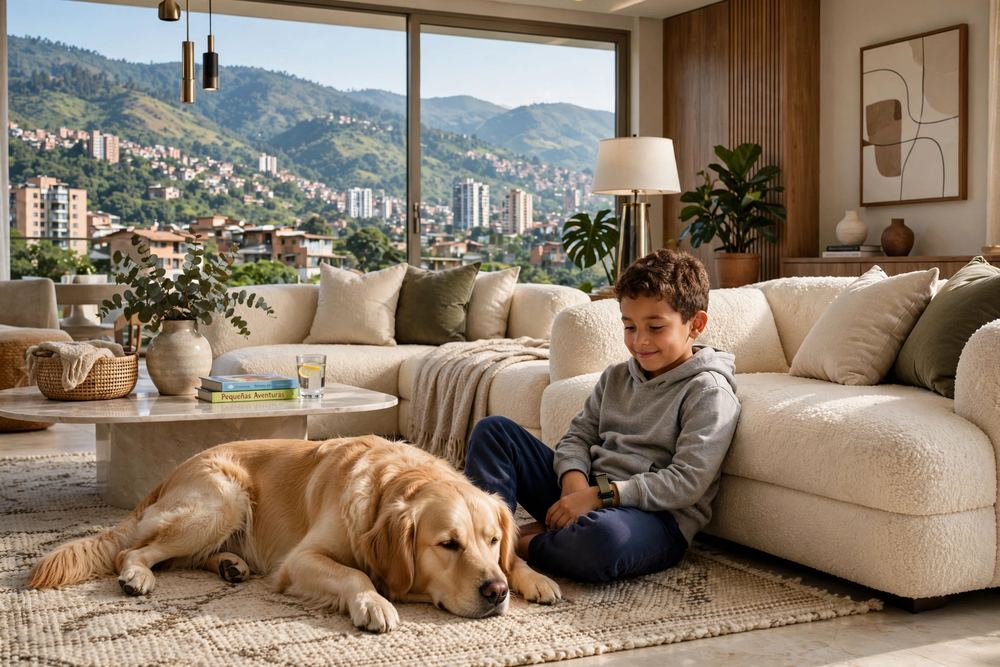 Golden retriever conviviendo con niños en casa bajo supervisión, manejo seguro de perro que muerde