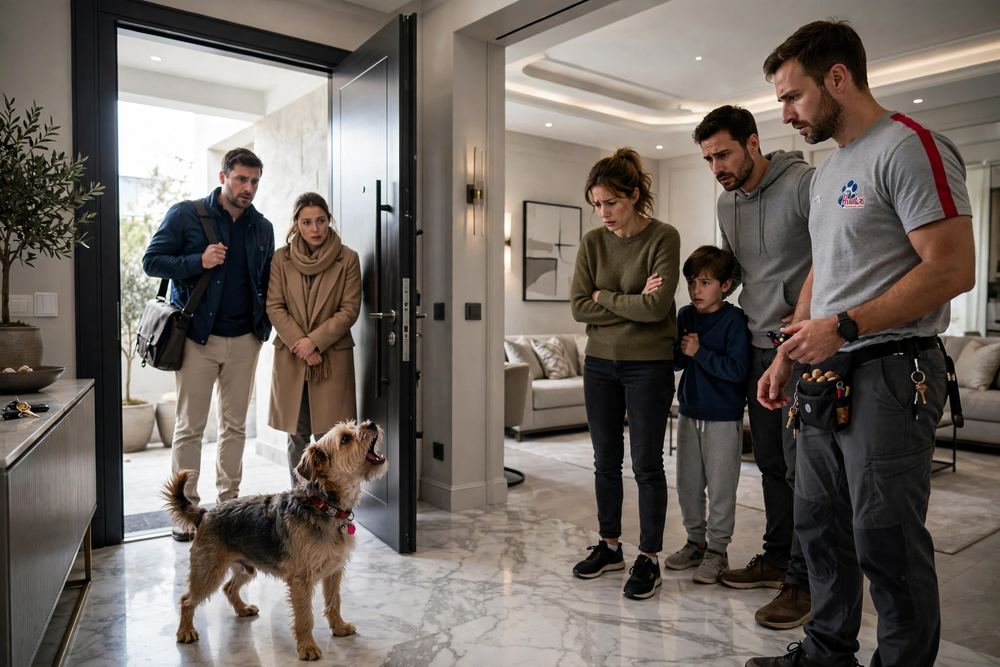 Perro reactivo ladrando hacia la puerta cuando llega una visita, caso de agresividad canina en Cali