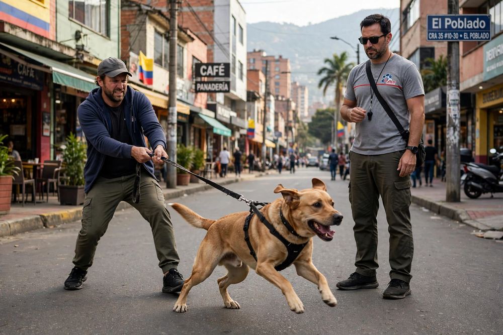 Perro tirando de la correa durante el paseo, reactividad canina trabajada por etólogo