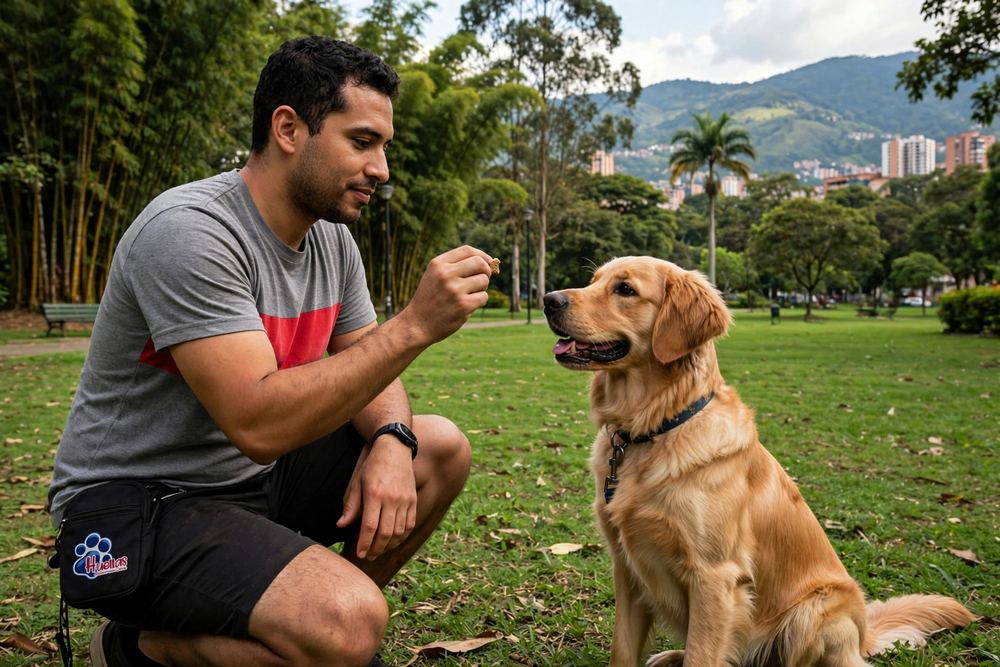Entrenamiento de obediencia a distancia con un golden retriever del programa de perro de servicio y terapia