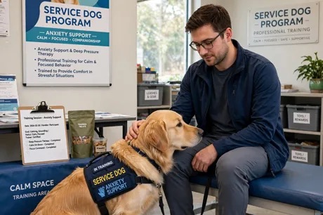 Labrador con chaleco de perro de servicio asistiendo a una persona en su entrenamiento