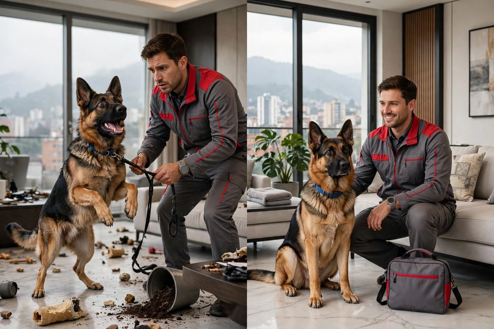 Pastor alemán en protocolo de rehabilitación de agresividad canina con manejo profesional