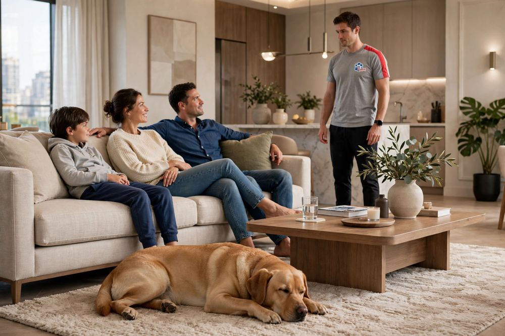 Perro tranquilo conviviendo con su familia tras ajustar rutina y alimentación